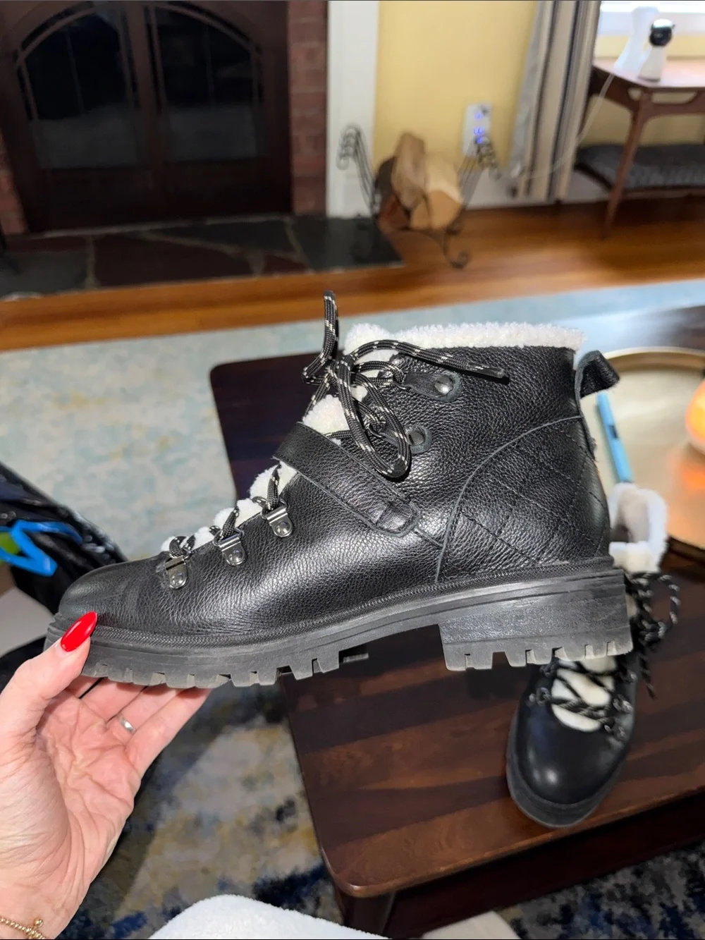 Nine West Black Leather Lace-Up Shearling-Trim Winter Boots